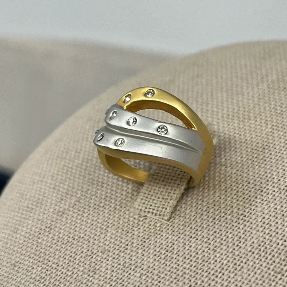 Two-Tone Gold & Silver Crystal Statement Ring, Size 5 - Picture 3 of 12